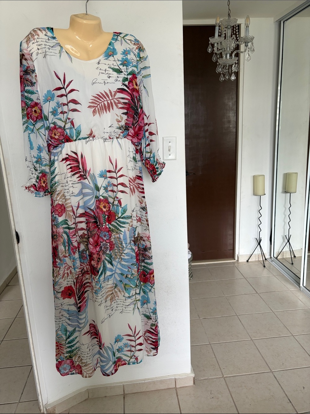 Tacera White Maxi Dress with Pink & Blue Floral Print